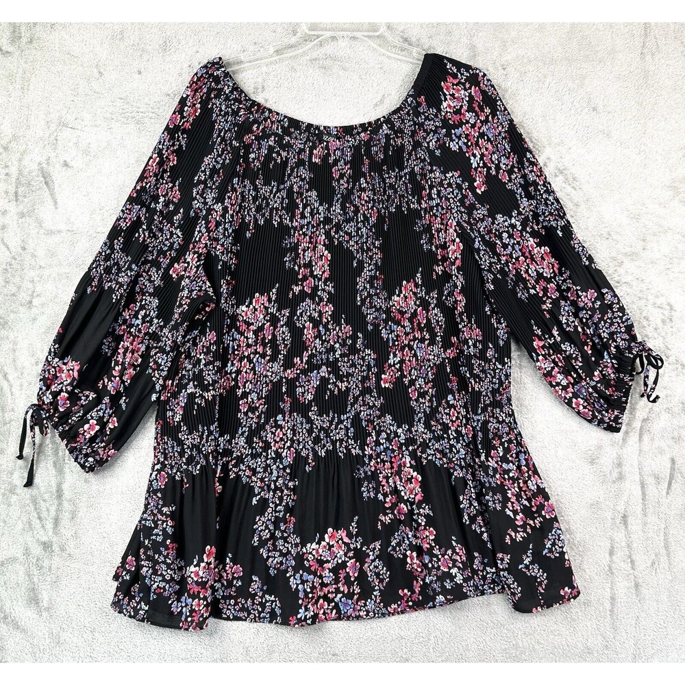 ROZ AND ALI Blouse Women's 3X Top Crimped Floral 3/4 Sleeve